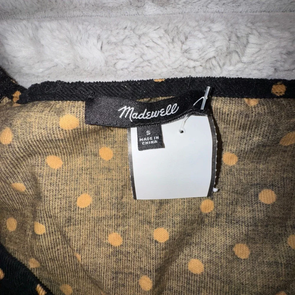 Madewell Womens Small Polka Dot Corduroy Faux Wrap Top Black Puff Sleeve Cottage